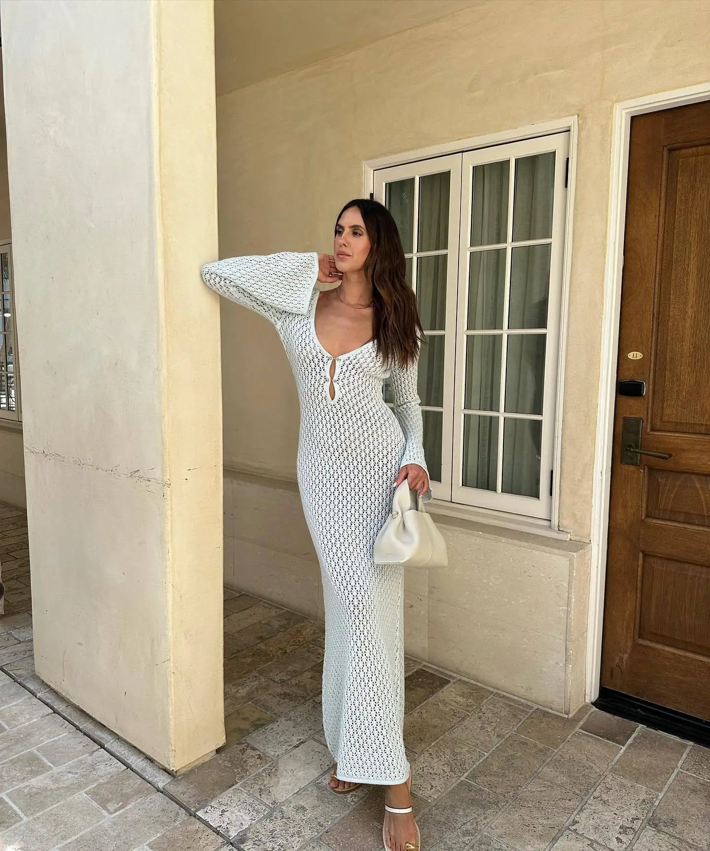 Sexy Women Long Knit Beach Dress Hollow-Out Deep V-Neck Long Sleeve Bikini Cover-Ups Dress Fall Backless Holiday Dress