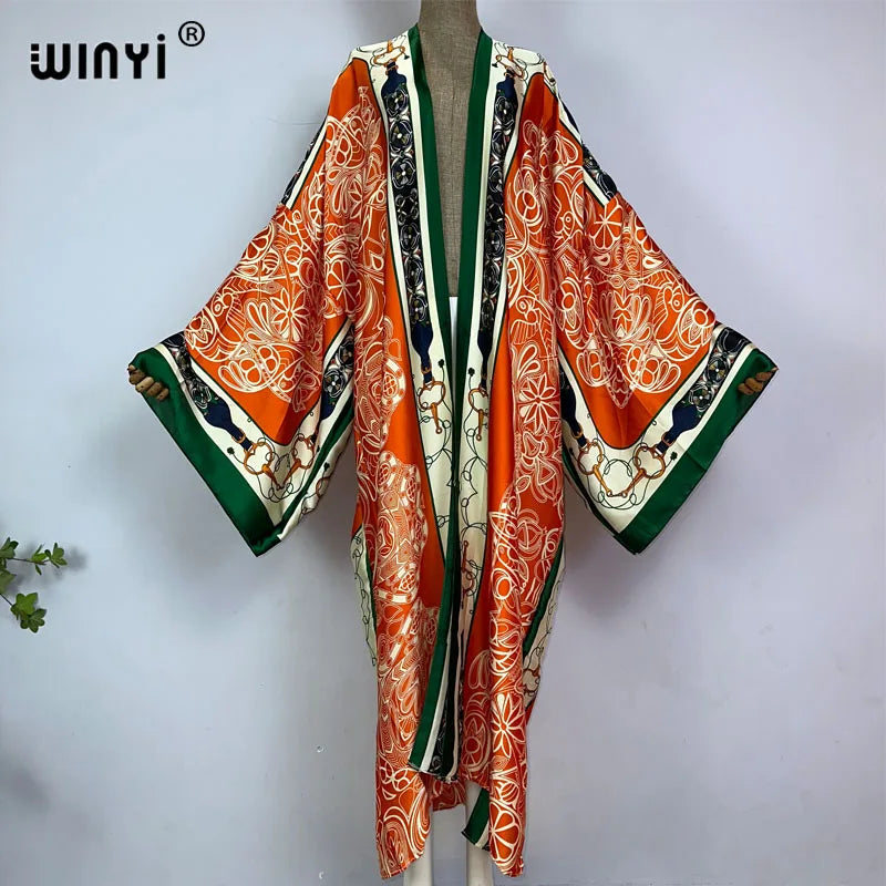 WINYI kimono Africa summer boho print Bikini Cover-up Elegant fashion Cardigan sexy Holiday long Sleeve silk feeling maxi dress