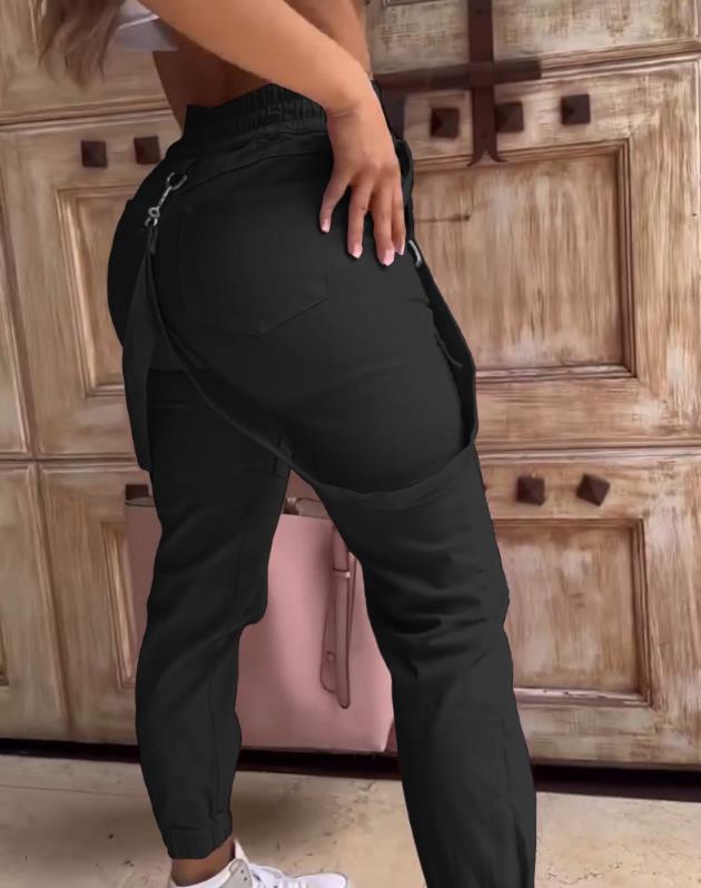 Women's Cargo Pants Casual Trousers 2023 New Solid Color Trend Street Pocket Design Cuff Suspenders Decorative Cargo Pants