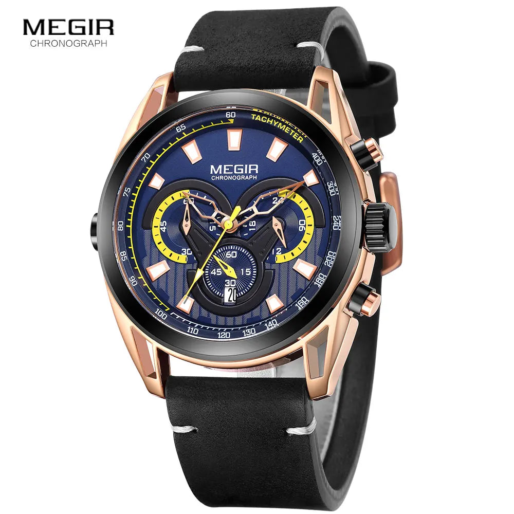 MEGIR Watch for Men Leather Strap Chronograph Quartz Watches Waterproof Luminous Wrist Watch Man Relogios Masculino Reloj Montre