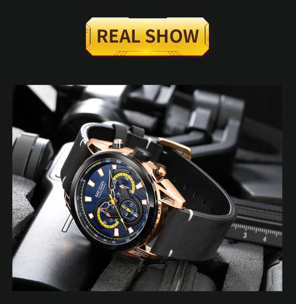 MEGIR Watch for Men Leather Strap Chronograph Quartz Watches Waterproof Luminous Wrist Watch Man Relogios Masculino Reloj Montre