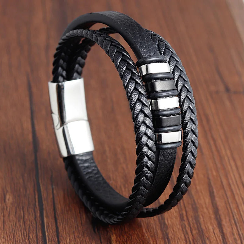 Trendy Genuine Leather Bracelets Men Stainless Steel Multilayer Braided Rope Bracelets for Male Female Bracelets Jewelry