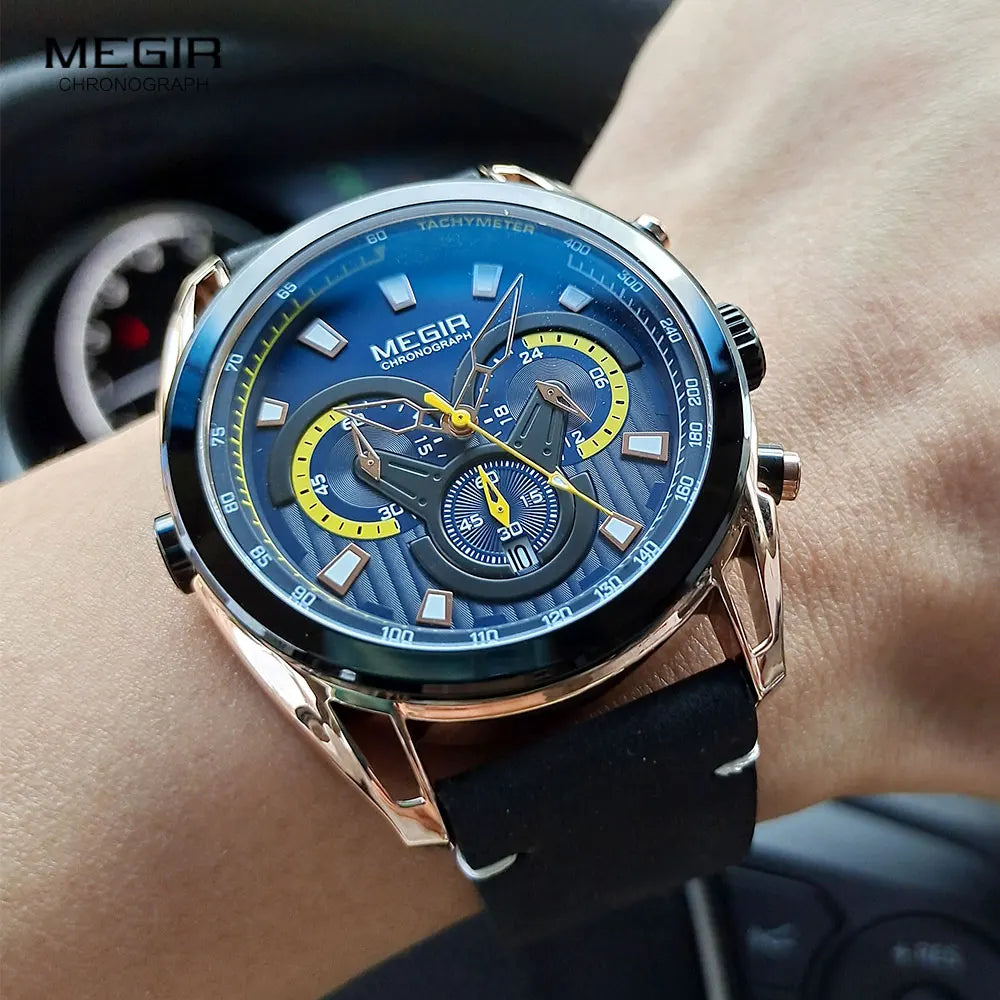 MEGIR Watch for Men Leather Strap Chronograph Quartz Watches Waterproof Luminous Wrist Watch Man Relogios Masculino Reloj Montre