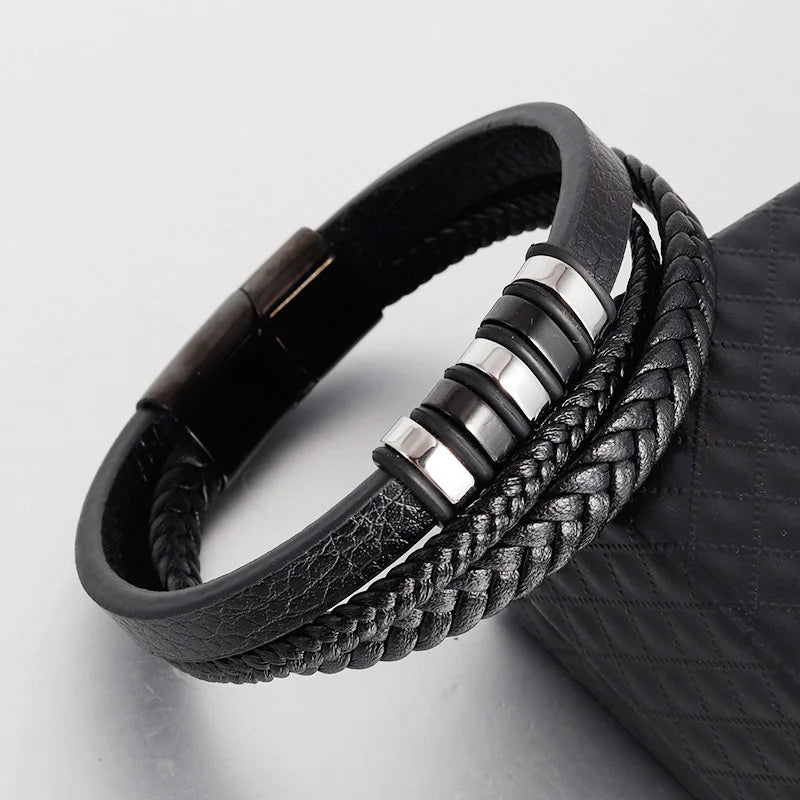 Trendy Genuine Leather Bracelets Men Stainless Steel Multilayer Braided Rope Bracelets for Male Female Bracelets Jewelry