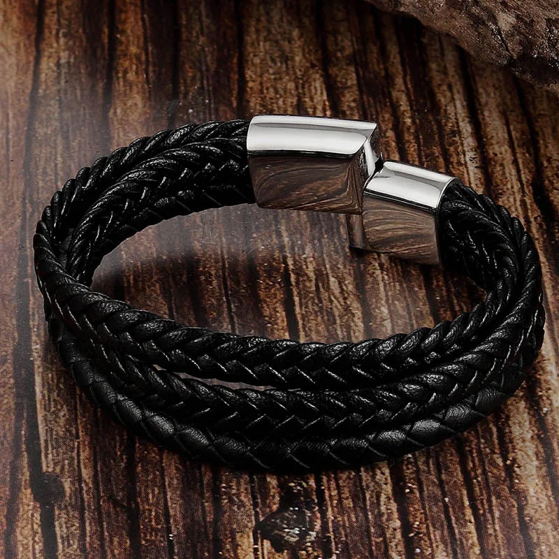 Trendy Genuine Leather Bracelets Men Stainless Steel Multilayer Braided Rope Bracelets for Male Female Bracelets Jewelry