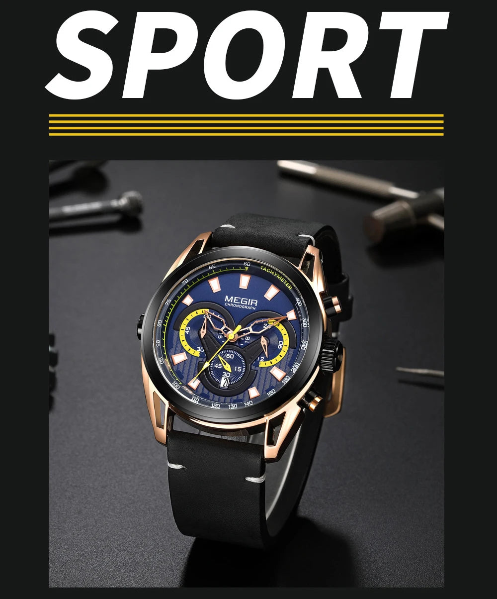 MEGIR Watch for Men Leather Strap Chronograph Quartz Watches Waterproof Luminous Wrist Watch Man Relogios Masculino Reloj Montre