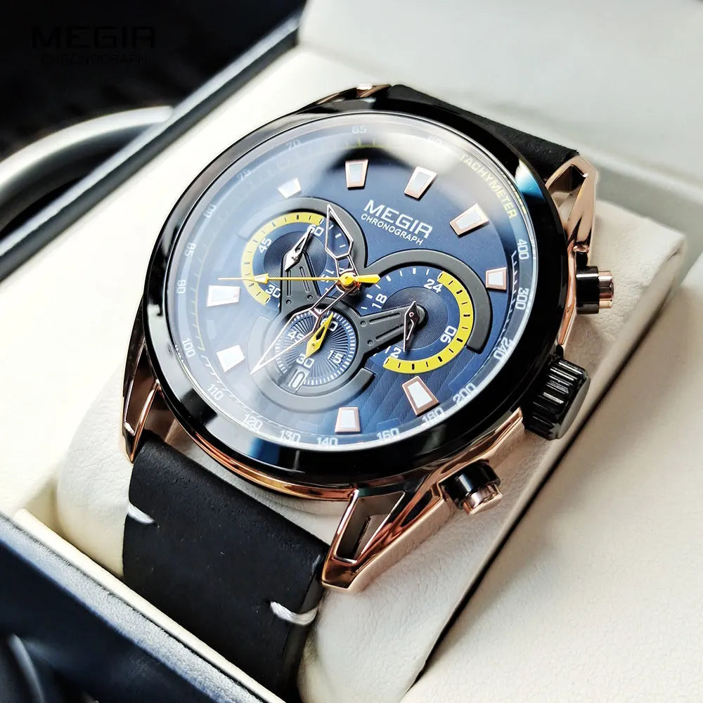 MEGIR Watch for Men Leather Strap Chronograph Quartz Watches Waterproof Luminous Wrist Watch Man Relogios Masculino Reloj Montre