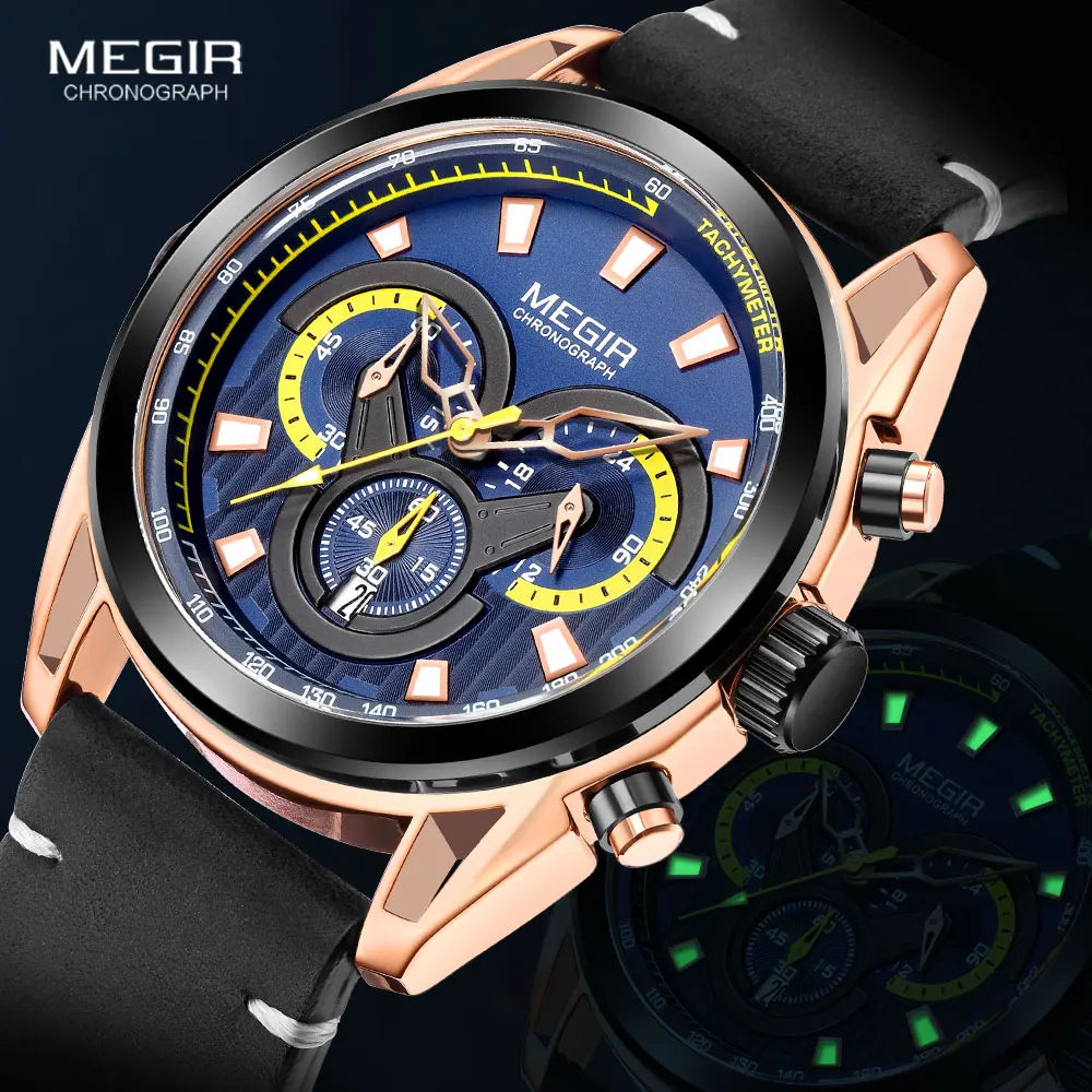 MEGIR Watch for Men Leather Strap Chronograph Quartz Watches Waterproof Luminous Wrist Watch Man Relogios Masculino Reloj Montre