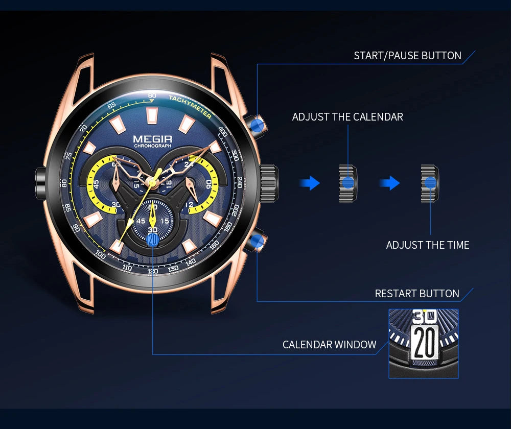 MEGIR Watch for Men Leather Strap Chronograph Quartz Watches Waterproof Luminous Wrist Watch Man Relogios Masculino Reloj Montre
