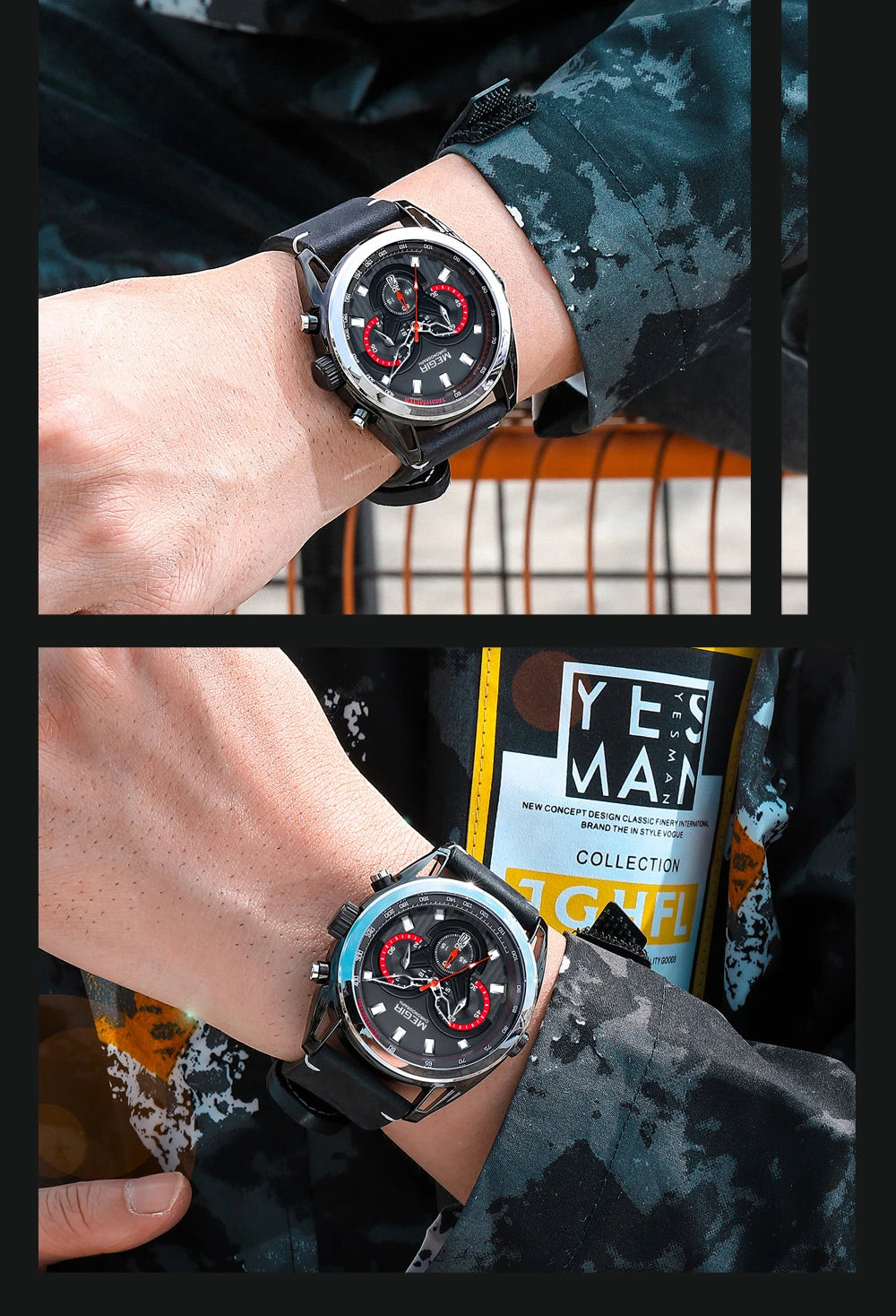 MEGIR Watch for Men Leather Strap Chronograph Quartz Watches Waterproof Luminous Wrist Watch Man Relogios Masculino Reloj Montre