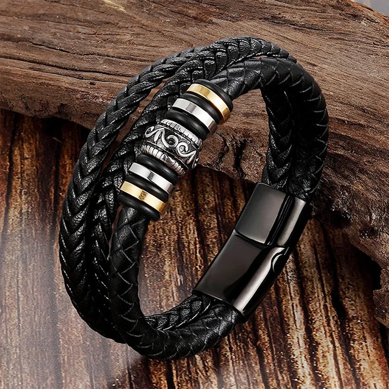 Trendy Genuine Leather Bracelets Men Stainless Steel Multilayer Braided Rope Bracelets for Male Female Bracelets Jewelry