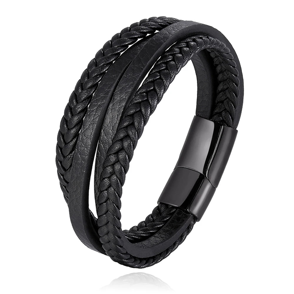 Trendy Genuine Leather Bracelets Men Stainless Steel Multilayer Braided Rope Bracelets for Male Female Bracelets Jewelry