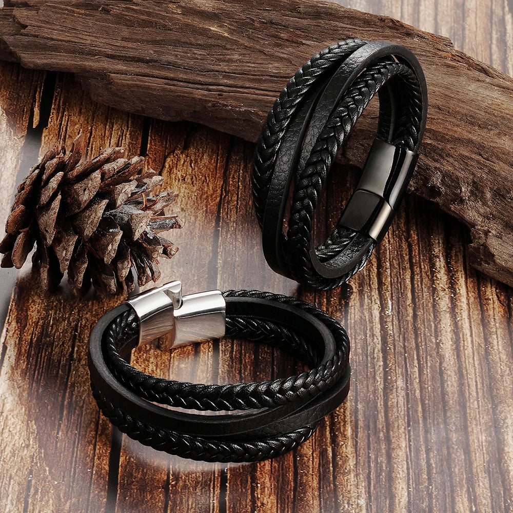 Trendy Genuine Leather Bracelets Men Stainless Steel Multilayer Braided Rope Bracelets for Male Female Bracelets Jewelry
