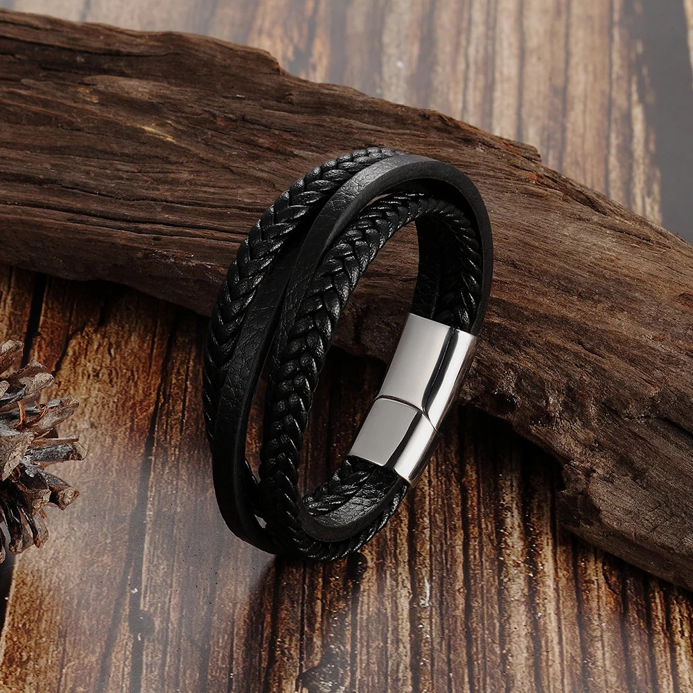 Trendy Genuine Leather Bracelets Men Stainless Steel Multilayer Braided Rope Bracelets for Male Female Bracelets Jewelry
