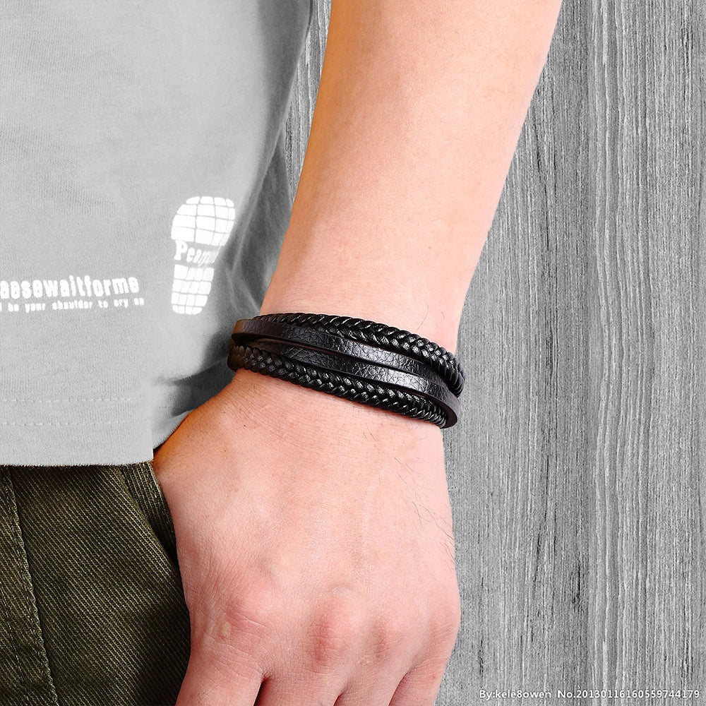 Trendy Genuine Leather Bracelets Men Stainless Steel Multilayer Braided Rope Bracelets for Male Female Bracelets Jewelry