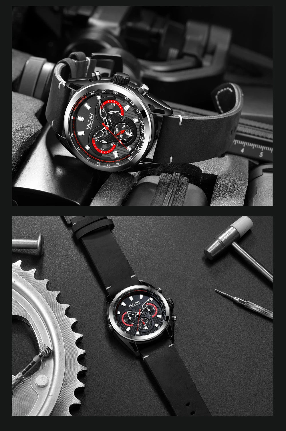 MEGIR Watch for Men Leather Strap Chronograph Quartz Watches Waterproof Luminous Wrist Watch Man Relogios Masculino Reloj Montre