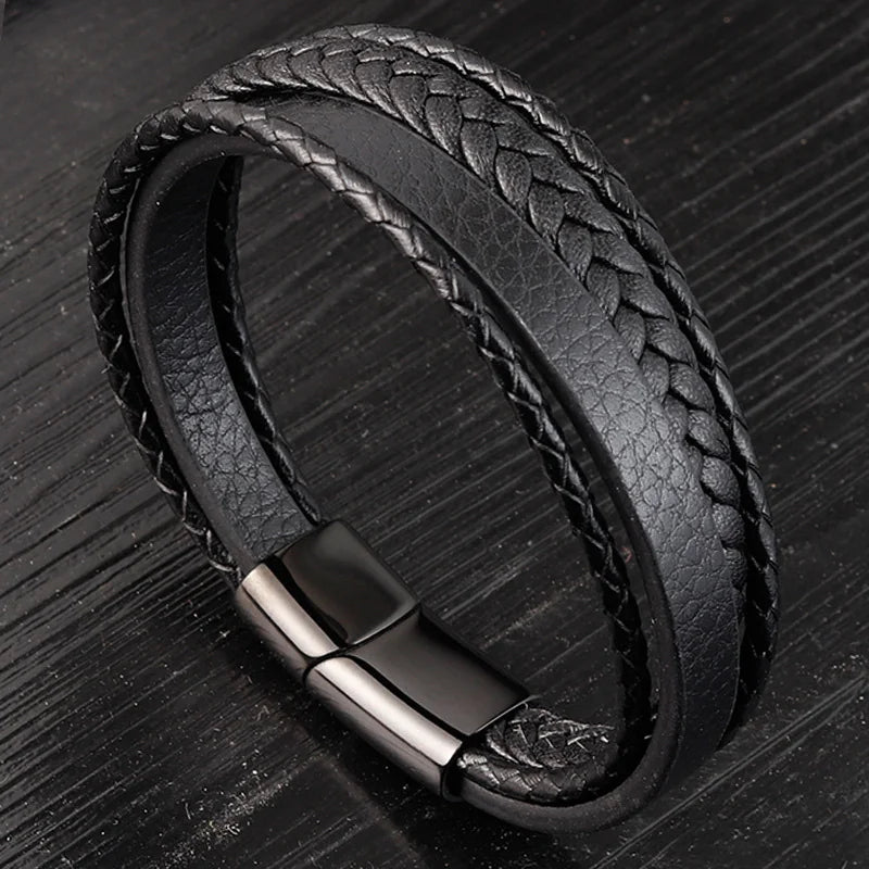 Trendy Genuine Leather Bracelets Men Stainless Steel Multilayer Braided Rope Bracelets for Male Female Bracelets Jewelry