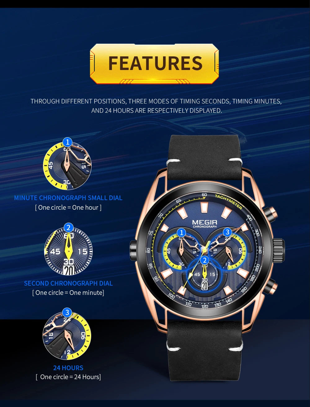 MEGIR Watch for Men Leather Strap Chronograph Quartz Watches Waterproof Luminous Wrist Watch Man Relogios Masculino Reloj Montre