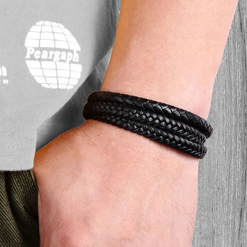 Trendy Genuine Leather Bracelets Men Stainless Steel Multilayer Braided Rope Bracelets for Male Female Bracelets Jewelry