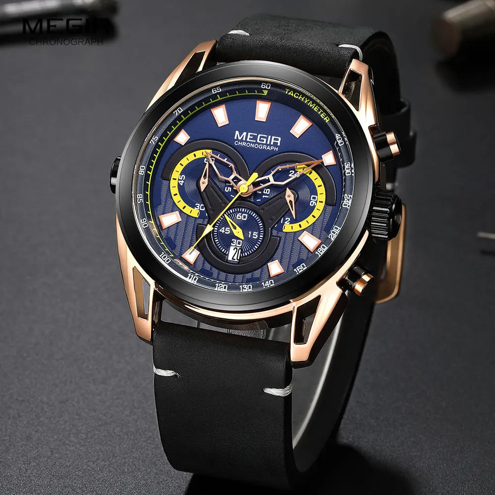 MEGIR Watch for Men Leather Strap Chronograph Quartz Watches Waterproof Luminous Wrist Watch Man Relogios Masculino Reloj Montre