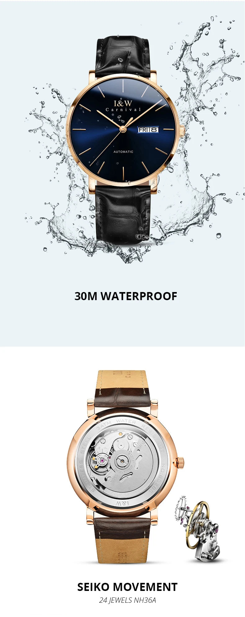 Montre Homme Switzerland I&W Luxury Gold Automatic Watch 24 Jewels NH36 Watch Men Calendar Sapphire Mechanical Watches Mens 2020