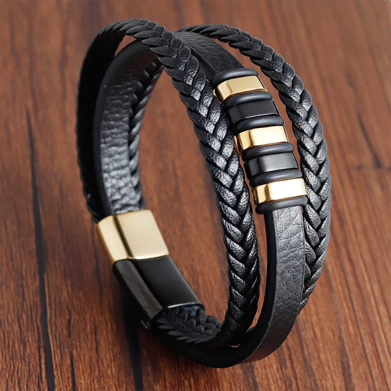 Trendy Genuine Leather Bracelets Men Stainless Steel Multilayer Braided Rope Bracelets for Male Female Bracelets Jewelry