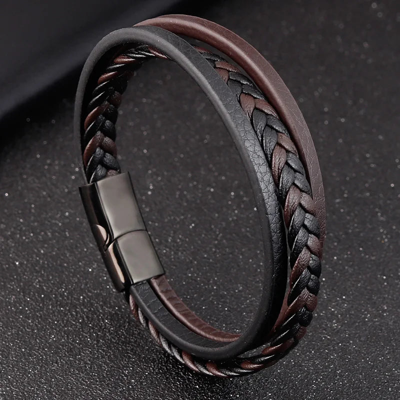 Trendy Genuine Leather Bracelets Men Stainless Steel Multilayer Braided Rope Bracelets for Male Female Bracelets Jewelry