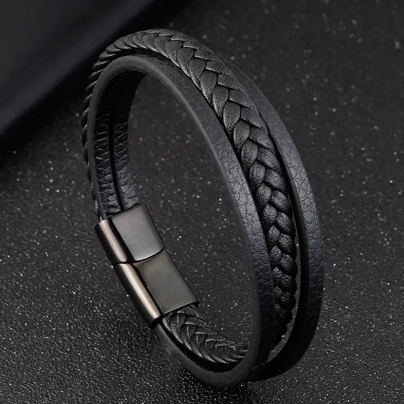Trendy Genuine Leather Bracelets Men Stainless Steel Multilayer Braided Rope Bracelets for Male Female Bracelets Jewelry