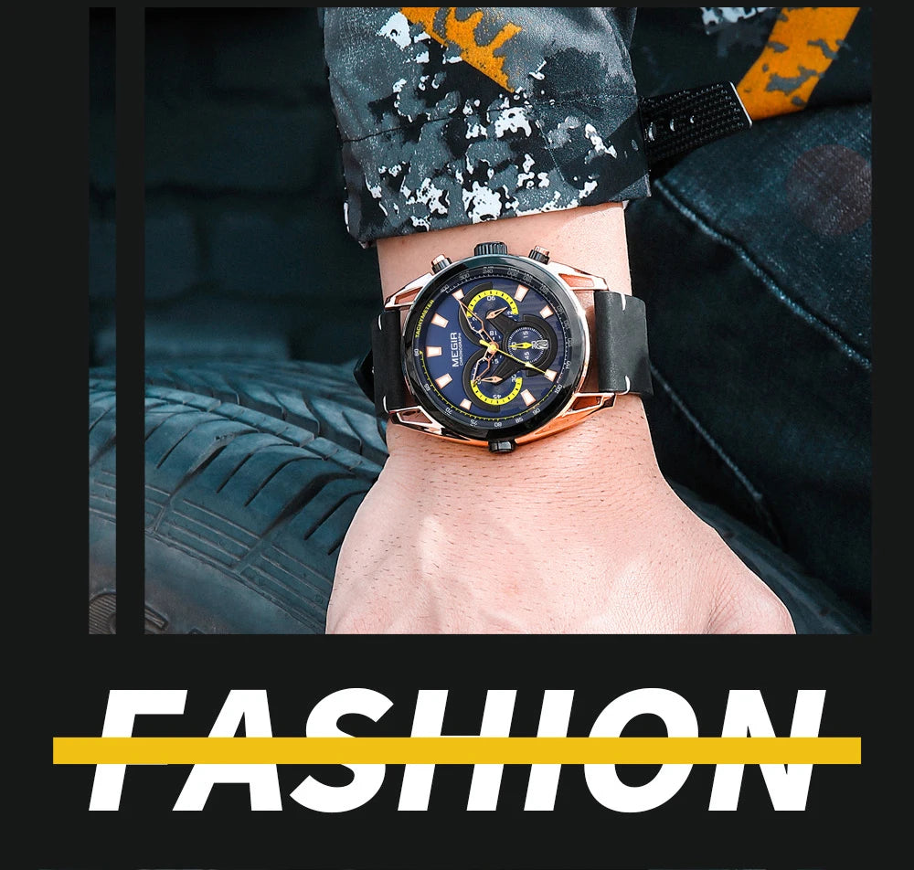 MEGIR Watch for Men Leather Strap Chronograph Quartz Watches Waterproof Luminous Wrist Watch Man Relogios Masculino Reloj Montre