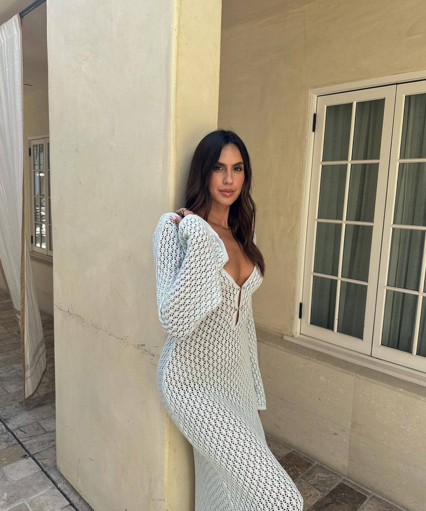 Sexy Women Long Knit Beach Dress Hollow-Out Deep V-Neck Long Sleeve Bikini Cover-Ups Dress Fall Backless Holiday Dress
