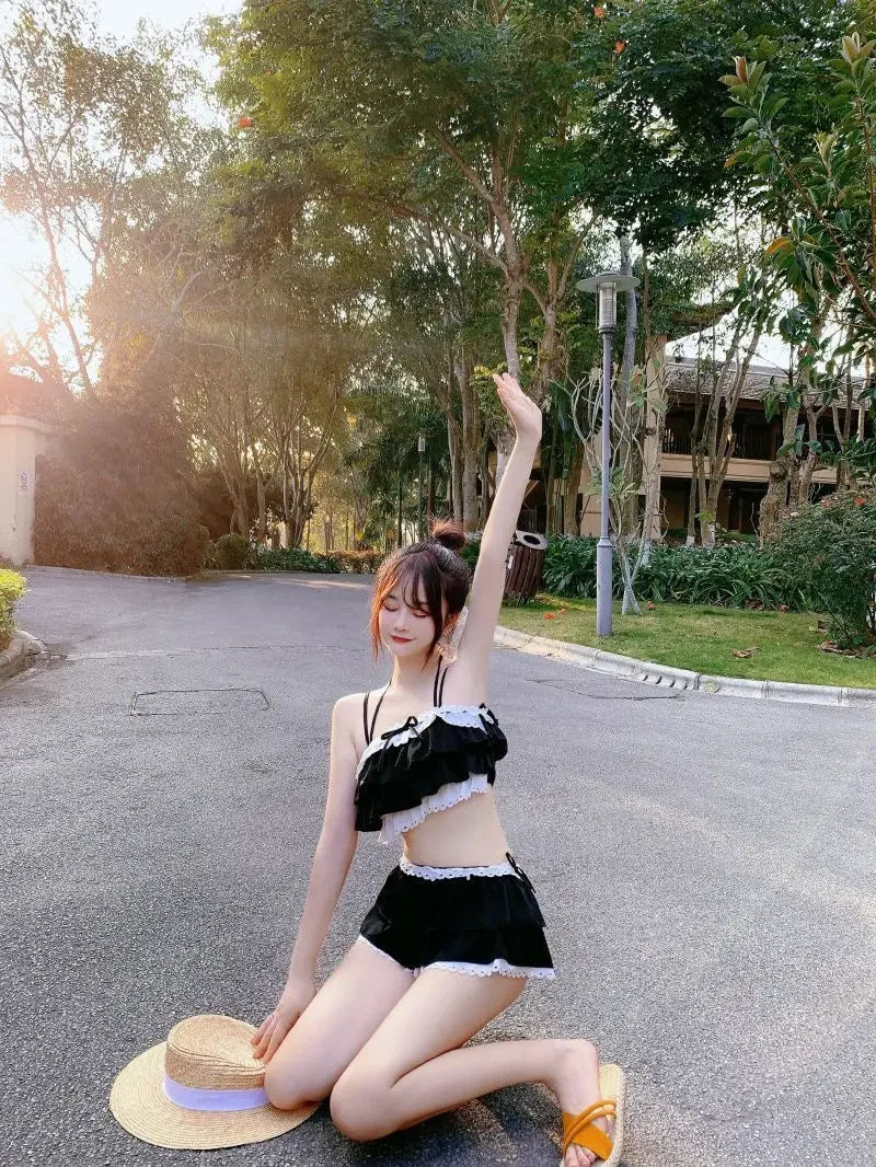 Bikini Sets Women Kawaii Girlish Leisure Beachwear Patchwork Sexy Ruffles Japan Style Summer Students Young Stylish Chic Mujer