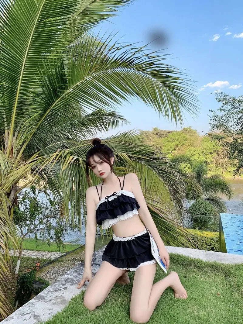 Bikini Sets Women Kawaii Girlish Leisure Beachwear Patchwork Sexy Ruffles Japan Style Summer Students Young Stylish Chic Mujer