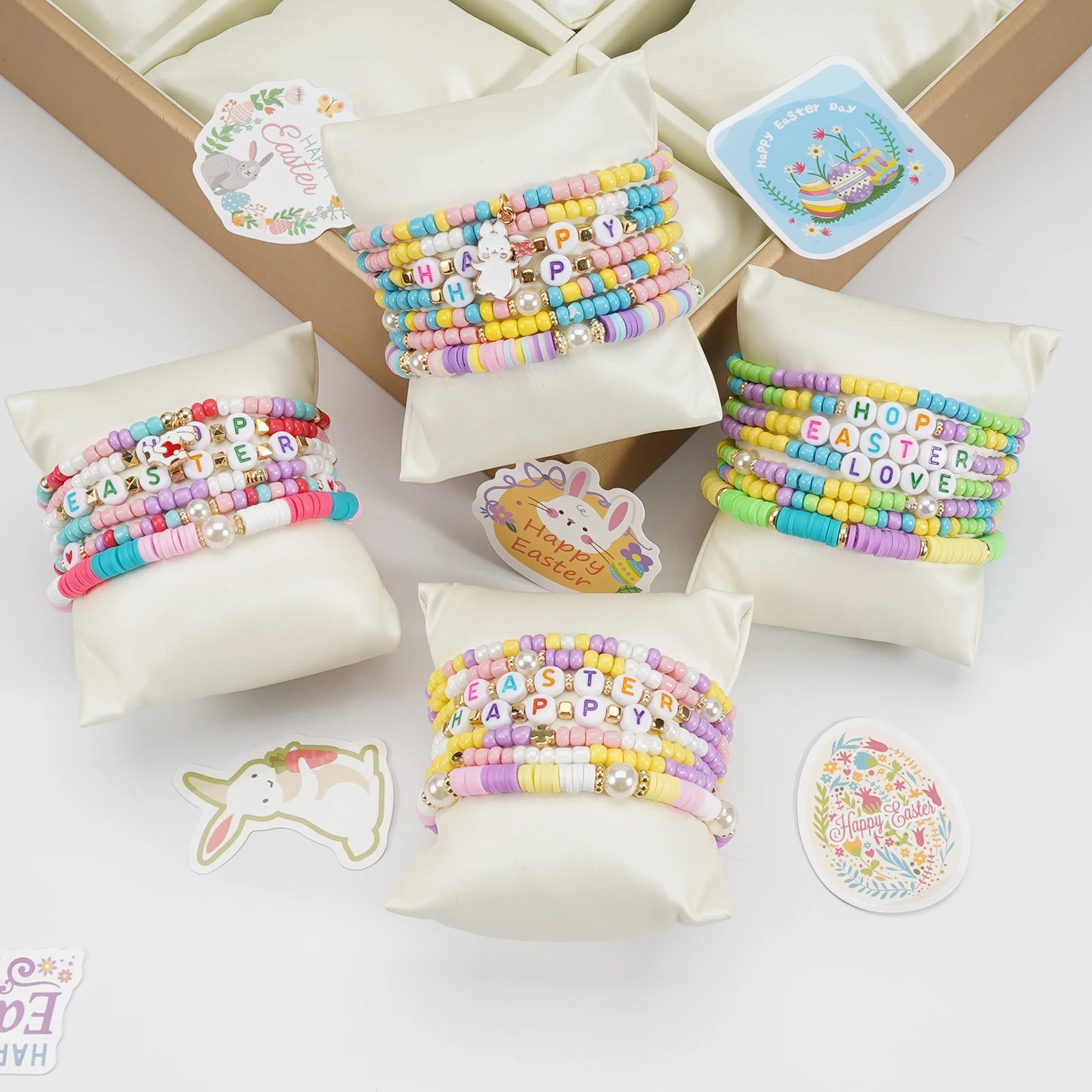 Easter Bracelets Set Colorful Stackable clay Beaded Stretch Bracelets Boho Vinyl Disc Bracelets for Women