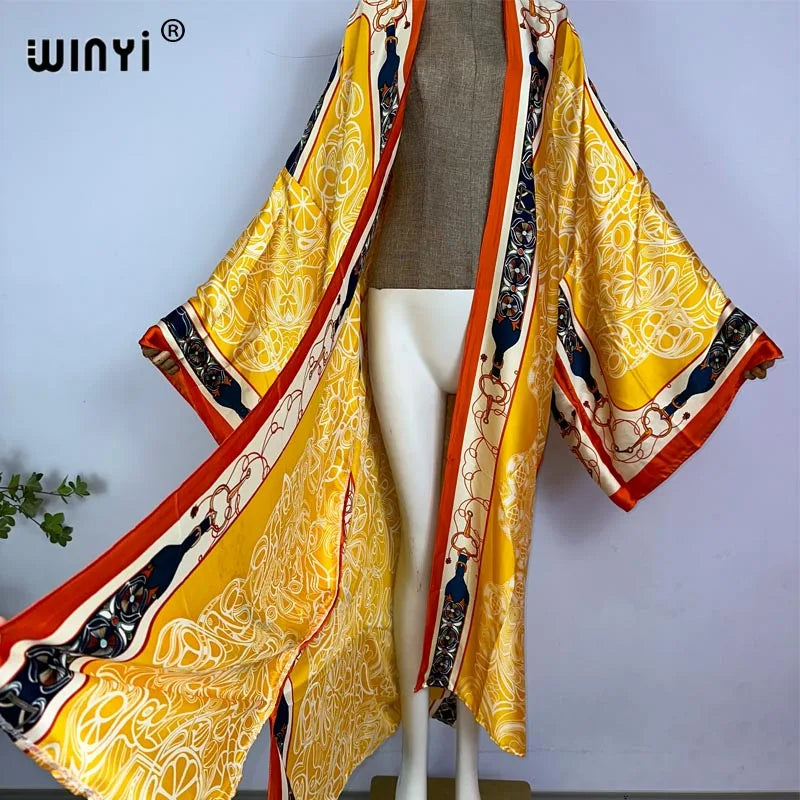WINYI kimono Africa summer boho print Bikini Cover-up Elegant fashion Cardigan sexy Holiday long Sleeve silk feeling maxi dress