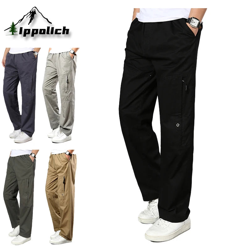 IPPOLICH Men's Pants Sweatpant Leisure Breathable Pants Pockets Wide Leg Cotton Black Cargo Pants Classic Man Casual Cargo Pants