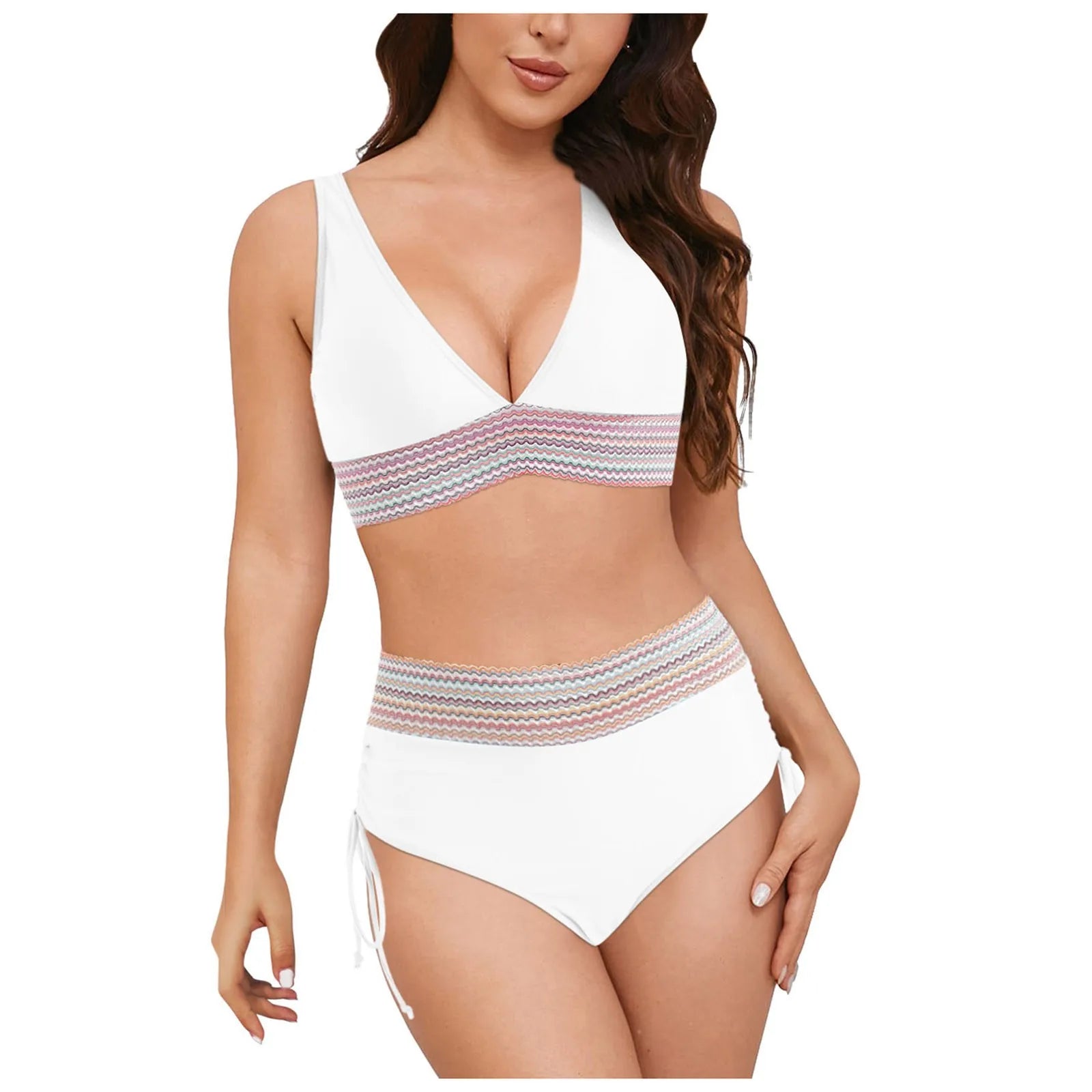 Swimwear Plus Size Women Women High Waisted Bikini Sets Swimsuits Color Block Two Piece Drawstring купальники жіночий 2025