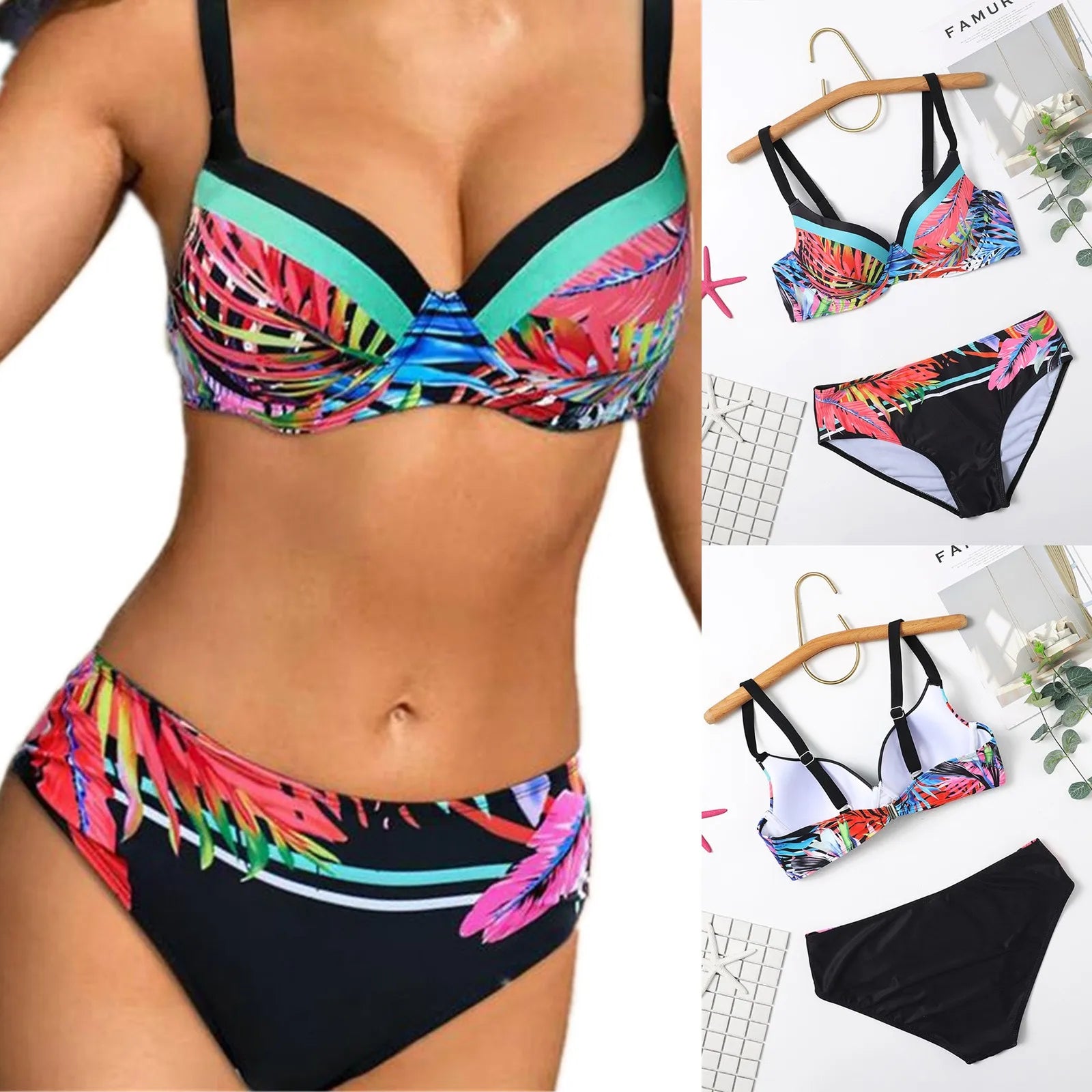 Sexy Print Split Swimsuit Fashion Steel Support Separate Two-Piece Bikini Sets Beach Pool Bather Holiday Back Buckle Swimwears