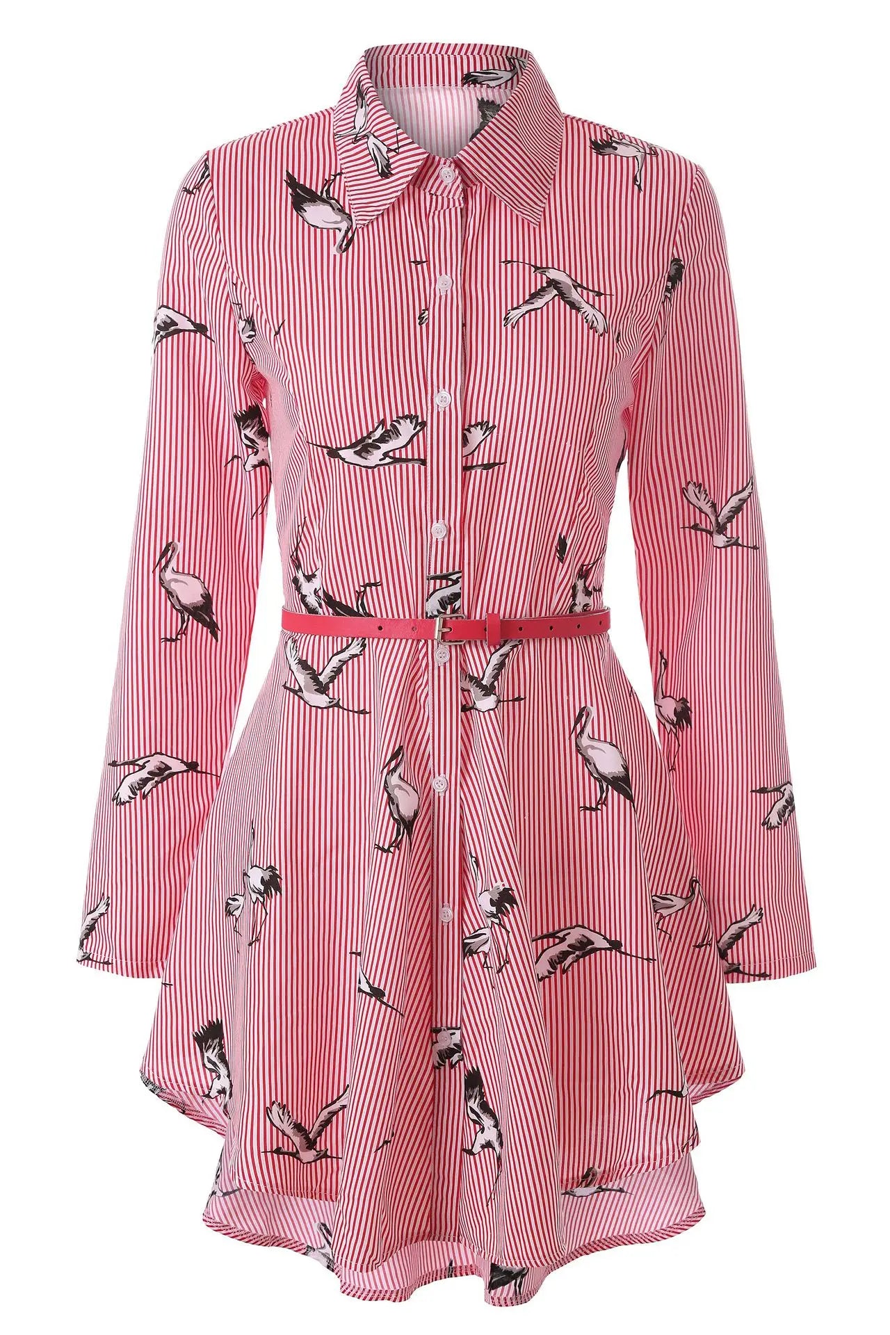 AliExpress European and American women's clothing popular long-sleeved women's clothing striped shirt dress single-breasted belt