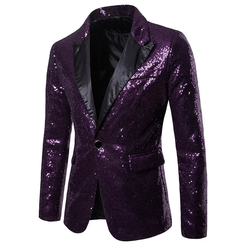 Nightclub Men's Clothing Long Sleeve Sequined Blazer Jacket Single Button Solid Color