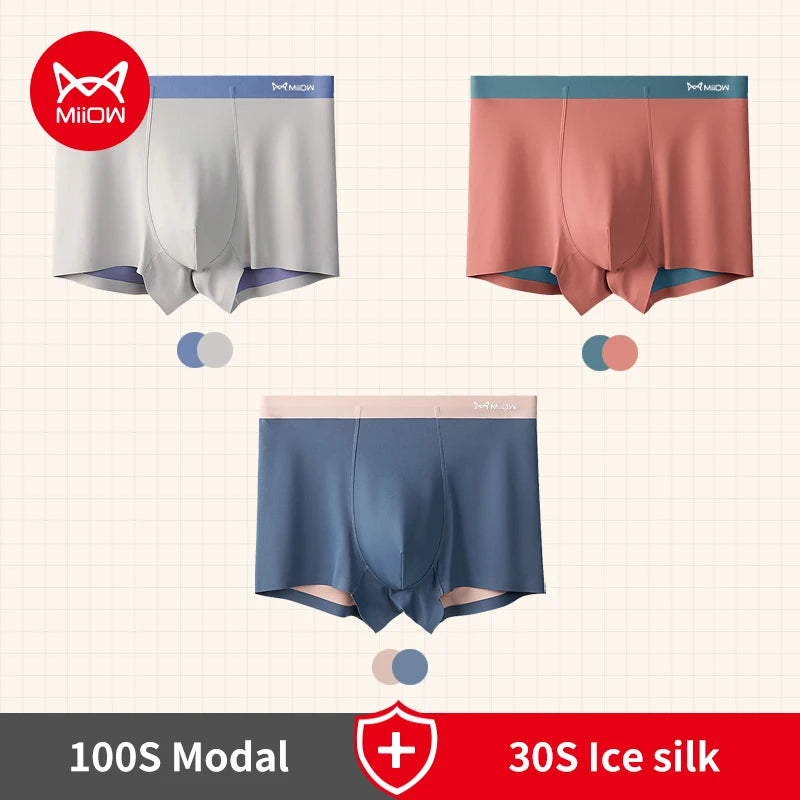 MiiOW 3Pcs 100S Modal Men Boxers Underwear Silky Ice Silk Men's Panties Boxershorts 5A Antibacterial Breathable Man Underpants