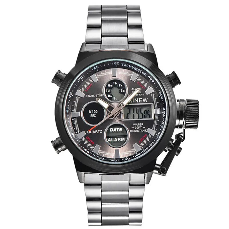 Montre Homme Men Original XINEW Brand Watches Fashion Casual Alloy Band Dual Time Electronic Watch Black Relogio Masculino 2024