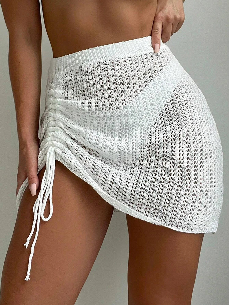 2024 Summer Beach Fashion Elegant Short Skirt with Hollow Drawstring Bikini Mask Knitted Short Skirt for Women