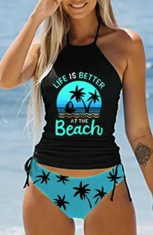 Bikinis Set Tied Halter Swimsuit Women Swimwear Biquinis Backless Beach Bathing Suit Drawstring Side Halter Neck Tankini Set