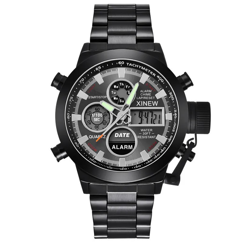 Montre Homme Men Original XINEW Brand Watches Fashion Casual Alloy Band Dual Time Electronic Watch Black Relogio Masculino 2024