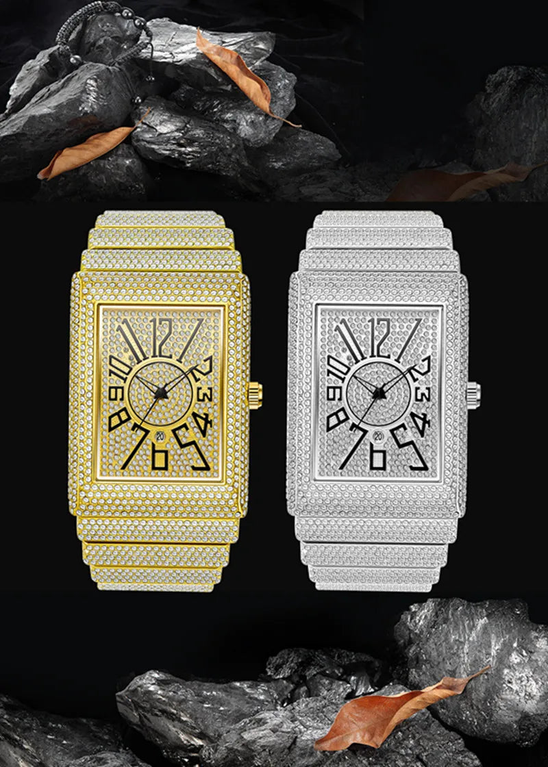 Montre Homme Big Brand Rectangle Men Watches Silver Fashion Casual Alloy Band Hip Hop Diamond Golden Luxury Date Quartz Watch DZ