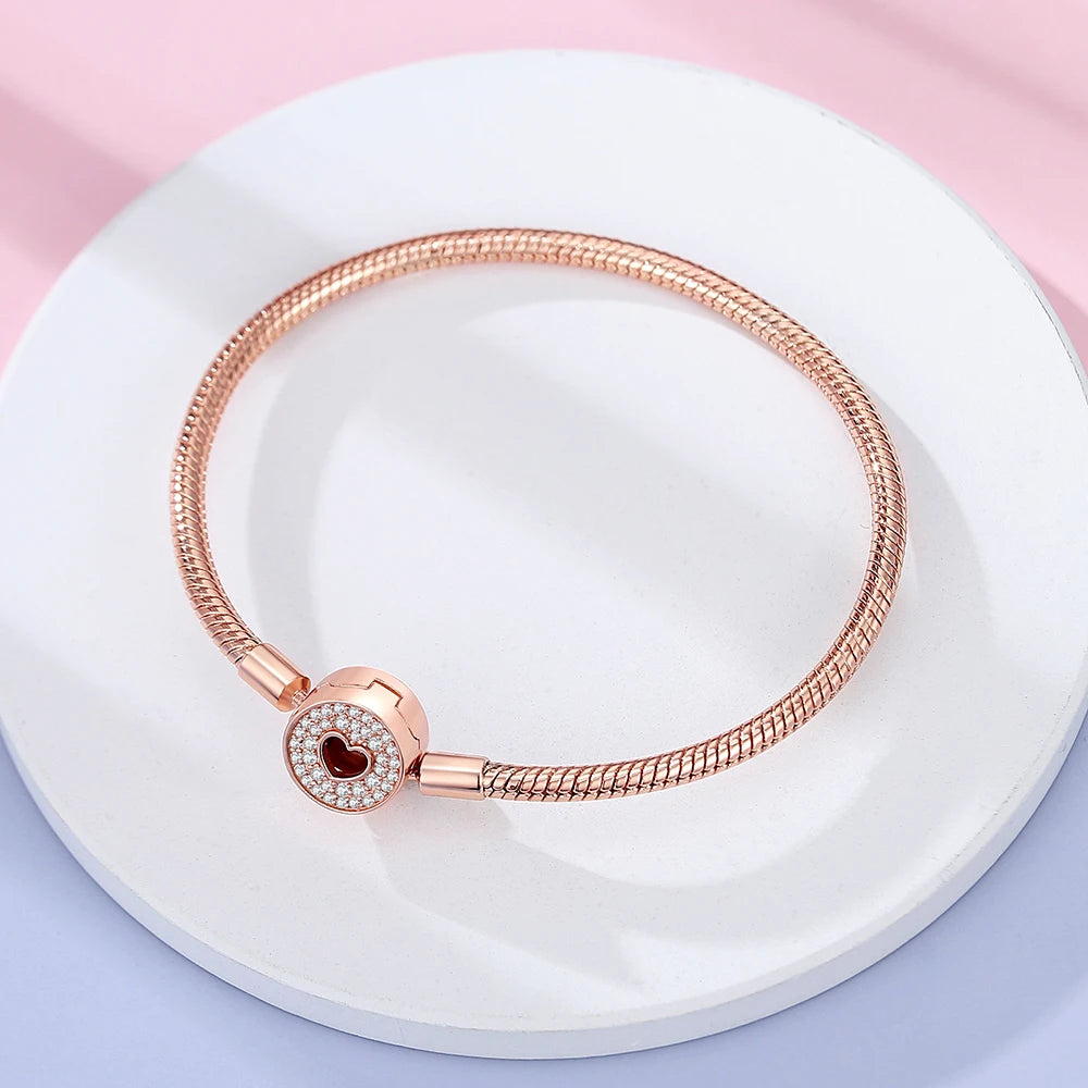 Danturn 925 Sterling Silver Bracelets Rose Gold Pavé & Heart Clasp Snake Chain Bracelets Fashion Bracelets Women Charm Bracelets