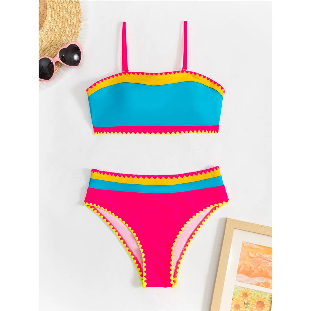 Splicing Colorful High Cut Mid Waist Bikini Female Swimsuit Women Swimwear Two-pieces Bikini set Bather Bathing Suit Swim V5996