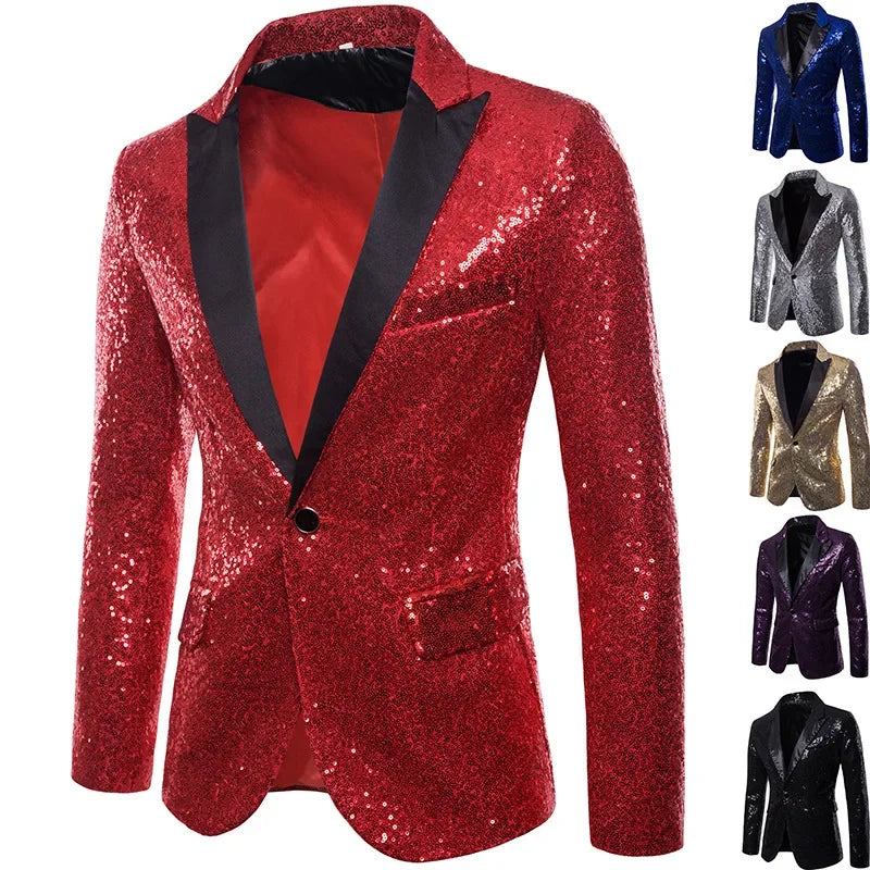 Nightclub Men's Clothing Long Sleeve Sequined Blazer Jacket Single Button Solid Color