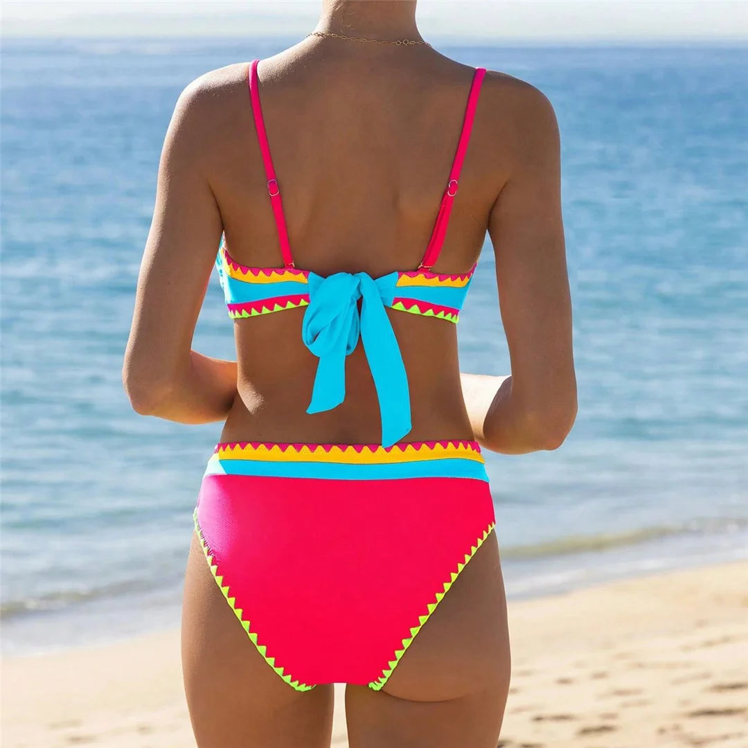 Splicing Colorful High Cut Mid Waist Bikini Female Swimsuit Women Swimwear Two-pieces Bikini set Bather Bathing Suit Swim V5996