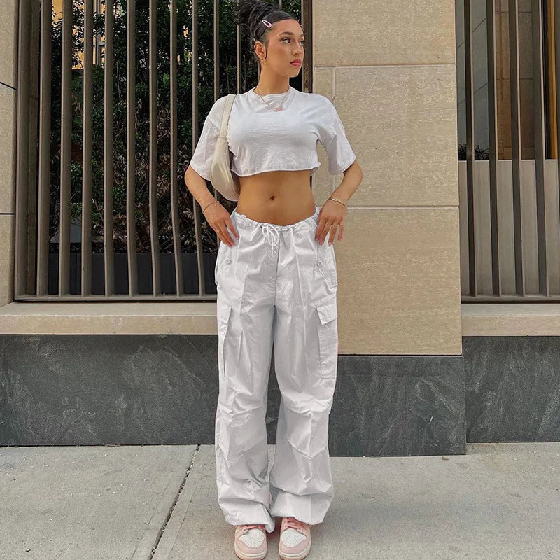 Women Cargo Pants Spring New Streetwear Solid Fashion Pockets Drawstring Trousers Casual Slim Versatile Knitted Lady Cargo Pants